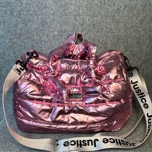 Justice Metallic Pink Quilted Puffer Zip Tote Weekender Bag Logo Shoulder Strap